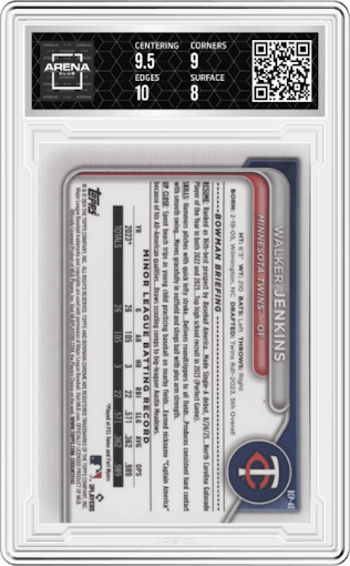 Walker Jenkins from the 2024 Bowman set featuring a Lunar Glow Refractor parallel graded by Arena Club and given an overall grade of 8.5.