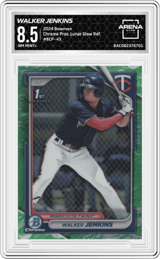 Walker Jenkins from the 2024 Bowman set featuring a Lunar Glow Refractor parallel graded by Arena Club and given an overall grade of 8.5.
