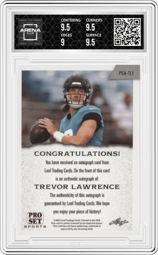 Trevor Lawrence  from the 2022 Leaf Pro Set Multi Sport set graded by Arena Club and given an overall grade of 9.5.