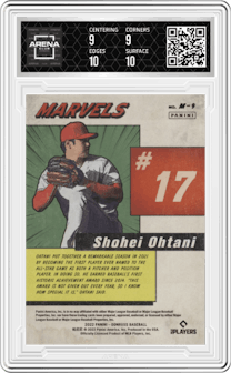 Shohei Ohtani from the 2022 Panini Donruss set featuring a Rapture parallel graded by Arena Club and given an overall grade of 9.5.