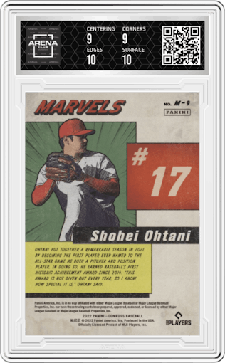 Shohei Ohtani from the 2022 Panini Donruss set featuring a Rapture parallel graded by Arena Club and given an overall grade of 9.5.