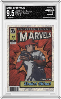 Shohei Ohtani from the 2022 Panini Donruss set featuring a Rapture parallel graded by Arena Club and given an overall grade of 9.5.