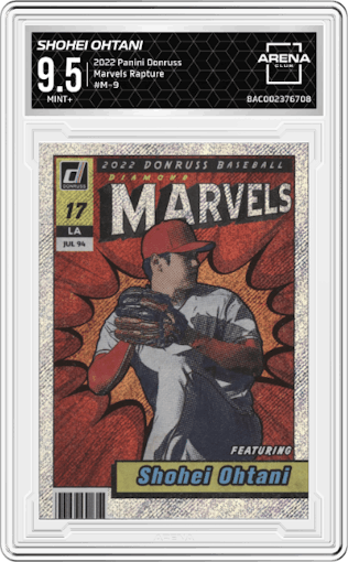 Shohei Ohtani from the 2022 Panini Donruss set featuring a Rapture parallel graded by Arena Club and given an overall grade of 9.5.