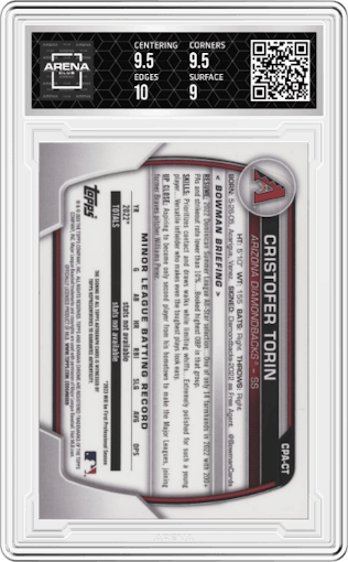 Cristofer Torin from the 2023 Bowman Chrome set graded by Arena Club and given an overall grade of 9.5.