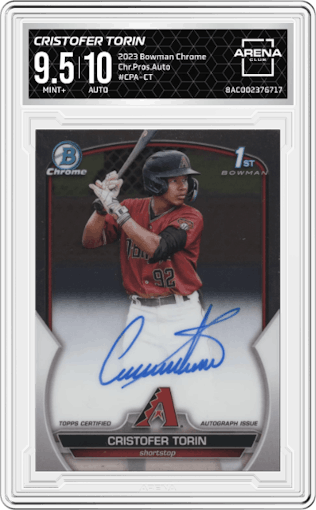 Cristofer Torin from the 2023 Bowman Chrome set graded by Arena Club and given an overall grade of 9.5.