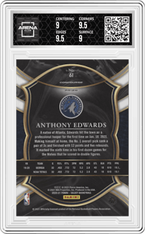 Anthony Edwards from the 2020-21 Panini Select  set featuring a Red/White/Orange Shimmer parallel graded by Arena Club and given an overall grade of 9.5.