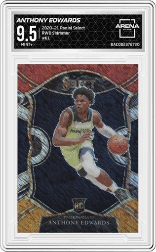 Anthony Edwards from the 2020-21 Panini Select  set featuring a Red/White/Orange Shimmer parallel graded by Arena Club and given an overall grade of 9.5.