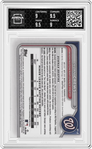 Dylan Crews from the 2024 Bowman set featuring a Lunar Glow Refractor parallel graded by Arena Club and given an overall grade of 9.5.
