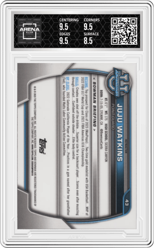 Juju Watkins from the 2022-23 Bowman University Chrome set featuring a Refractor parallel graded by Arena Club and given an overall grade of 9.