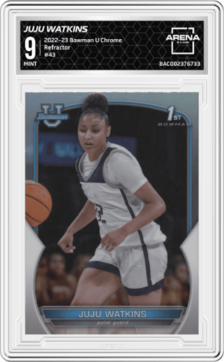 Juju Watkins from the 2022-23 Bowman University Chrome set featuring a Refractor parallel graded by Arena Club and given an overall grade of 9.