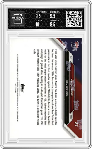 Malik Nabers from the 2024 Topps Now set graded by Arena Club and given an overall grade of 9.