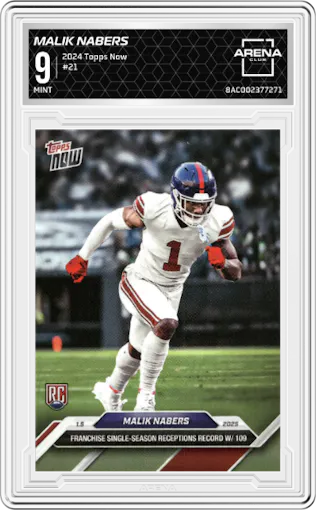Malik Nabers from the 2024 Topps Now set graded by Arena Club and given an overall grade of 9.
