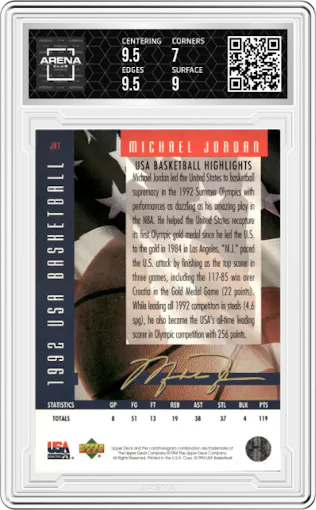 Michael Jordan  from the 1994 Upper Deck USA set graded by Arena Club and given an overall grade of 7.5.