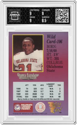 Barry Sanders from the 1991 Wild Card Draft set featuring a 20 Stripe parallel graded by Arena Club and given an overall grade of 9.