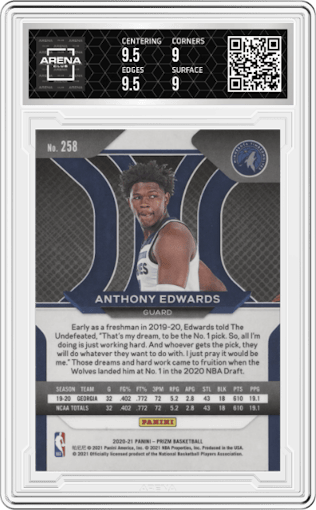 Anthony Edwards from the 2020-21 Panini Prizm set graded by Arena Club and given an overall grade of 9.5.