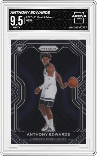 Anthony Edwards from the 2020-21 Panini Prizm set graded by Arena Club and given an overall grade of 9.5.