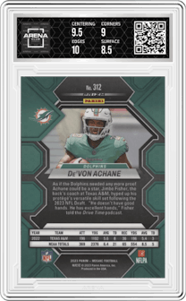 De'Von Achane from the 2023 Panini Mosaic set graded by Arena Club and given an overall grade of 9.