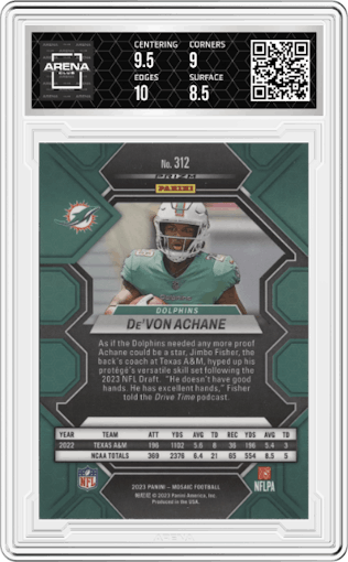 De'Von Achane from the 2023 Panini Mosaic set graded by Arena Club and given an overall grade of 9.