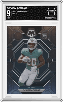 De'Von Achane from the 2023 Panini Mosaic set graded by Arena Club and given an overall grade of 9.