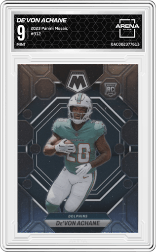 De'Von Achane from the 2023 Panini Mosaic set graded by Arena Club and given an overall grade of 9.