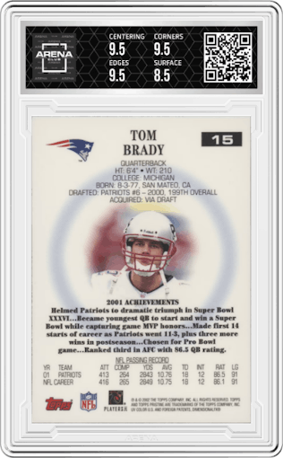 Tom Brady from the 2002 Topps Pristine set graded by Arena Club and given an overall grade of 9.