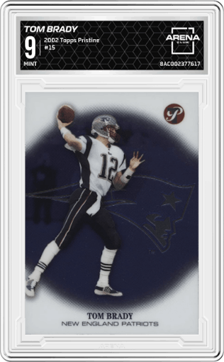 Tom Brady from the 2002 Topps Pristine set graded by Arena Club and given an overall grade of 9.