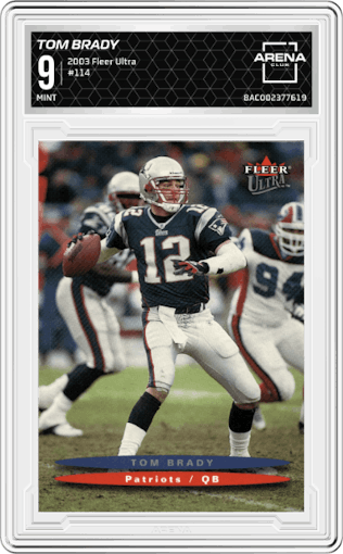 Tom Brady from the 2003 Fleer Ultra set graded by Arena Club and given an overall grade of 9.