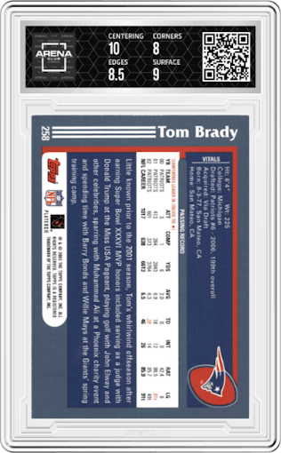 Tom Brady from the 2003 Topps set graded by Arena Club and given an overall grade of 8.5.