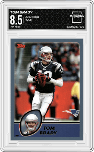 Tom Brady from the 2003 Topps set graded by Arena Club and given an overall grade of 8.5.