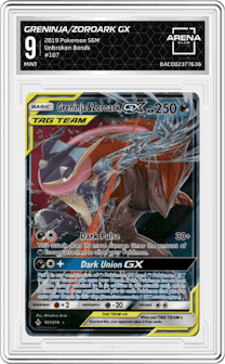 Greninja/Zoroark GX from the 2019 Pokemon S&M  set graded by Arena Club and given an overall grade of 9.