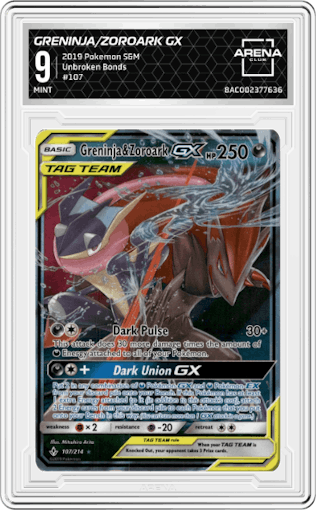 Greninja/Zoroark GX from the 2019 Pokemon S&M  set graded by Arena Club and given an overall grade of 9.