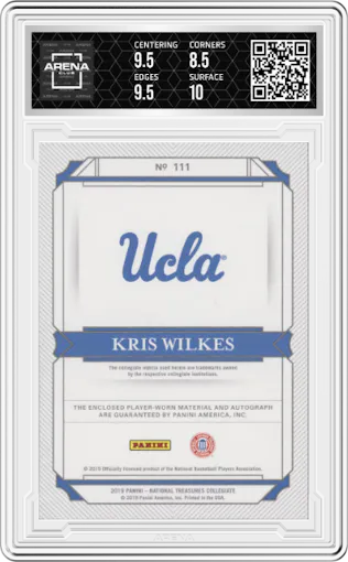 Kris Wilkes from the 2019-20 Panini National Treasures Collegiate Basketball set featuring a Prime parallel graded by Arena Club and given an overall grade of 9.