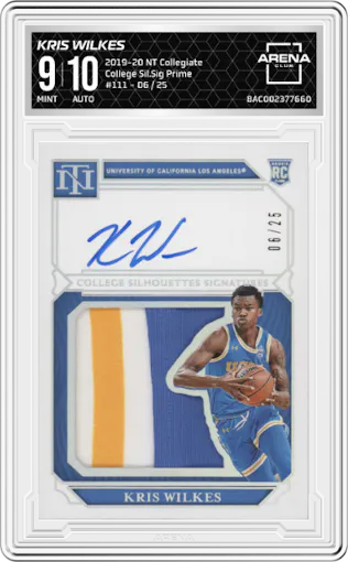 Kris Wilkes from the 2019-20 Panini National Treasures Collegiate Basketball set featuring a Prime parallel graded by Arena Club and given an overall grade of 9.