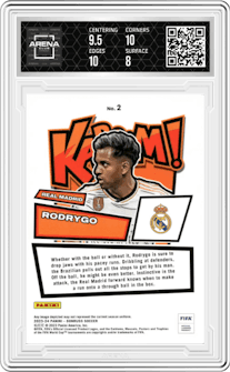 Rodrygo from the 2023-24 Panini Donruss set graded by Arena Club and given an overall grade of 8.5.