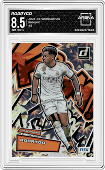 Rodrygo from the 2023-24 Panini Donruss set graded by Arena Club and given an overall grade of 8.5.