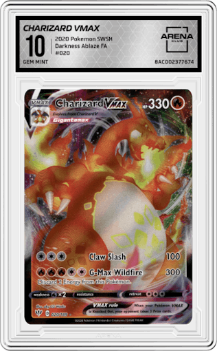 Charizard VMAX from the 2020 Pokemon SWSH set graded by Arena Club and given an overall grade of 10.