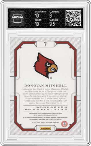 Donovan Mitchell from the 2019-20 Panini National Treasures Collegiate Basketball set graded by Arena Club and given an overall grade of 9.5.