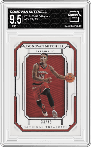 Donovan Mitchell from the 2019-20 Panini National Treasures Collegiate Basketball set graded by Arena Club and given an overall grade of 9.5.