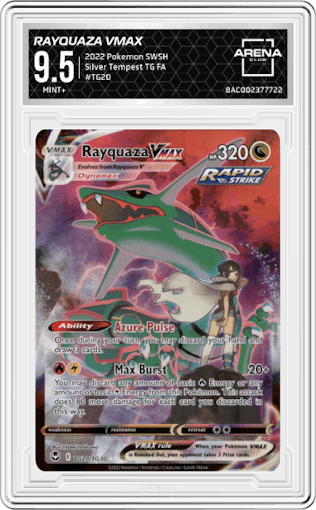 Rayquaza VMAX from the 2022 Pokemon SWSH set graded by Arena Club and given an overall grade of 9.5.