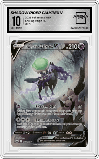 Shadow Rider Calyrex V from the 2021 Pokemon SWSH set graded by Arena Club and given an overall grade of 10.