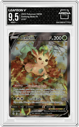 Leafeon V from the 2021 Pokemon SWSH set graded by Arena Club and given an overall grade of 9.5.