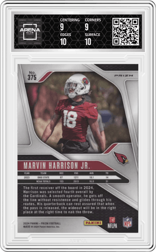 Marvin Harrison Jr. from the 2024 Panini Prizm set featuring a Red/White/Blue Prizm parallel graded by Arena Club and given an overall grade of 9.5.