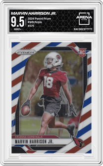 Marvin Harrison Jr. from the 2024 Panini Prizm set featuring a Red/White/Blue Prizm parallel graded by Arena Club and given an overall grade of 9.5.