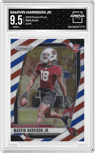 Marvin Harrison Jr. from the 2024 Panini Prizm set featuring a Red/White/Blue Prizm parallel graded by Arena Club and given an overall grade of 9.5.