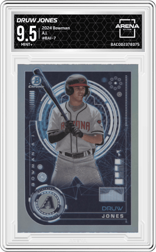 Druw Jones from the 2024 Bowman set graded by Arena Club and given an overall grade of 9.5.