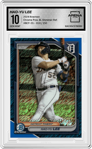 Hao-Yu Lee	 from the 2024 Bowman set featuring a Blue Shimmer Refractors parallel graded by Arena Club and given an overall grade of 10.