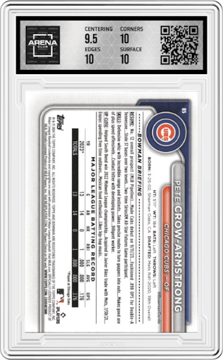 Pete Crow-Armstrong from the 2024 Bowman set graded by Arena Club and given an overall grade of 10.