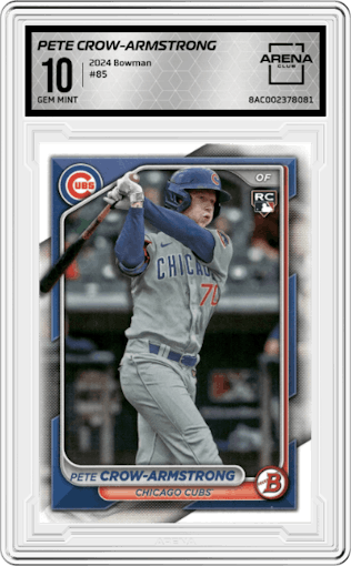 Pete Crow-Armstrong from the 2024 Bowman set graded by Arena Club and given an overall grade of 10.