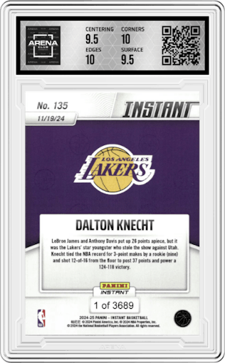 Dalton Knecht from the 2024-25 Panini Instant NBA set graded by Arena Club and given an overall grade of 10.