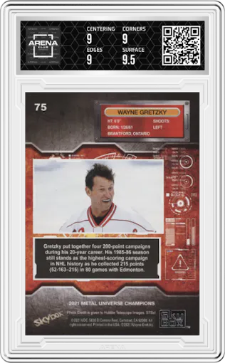 Wayne Gretzky from the 2021 Skybox Metal Universe Champions set graded by Arena Club and given an overall grade of 9.